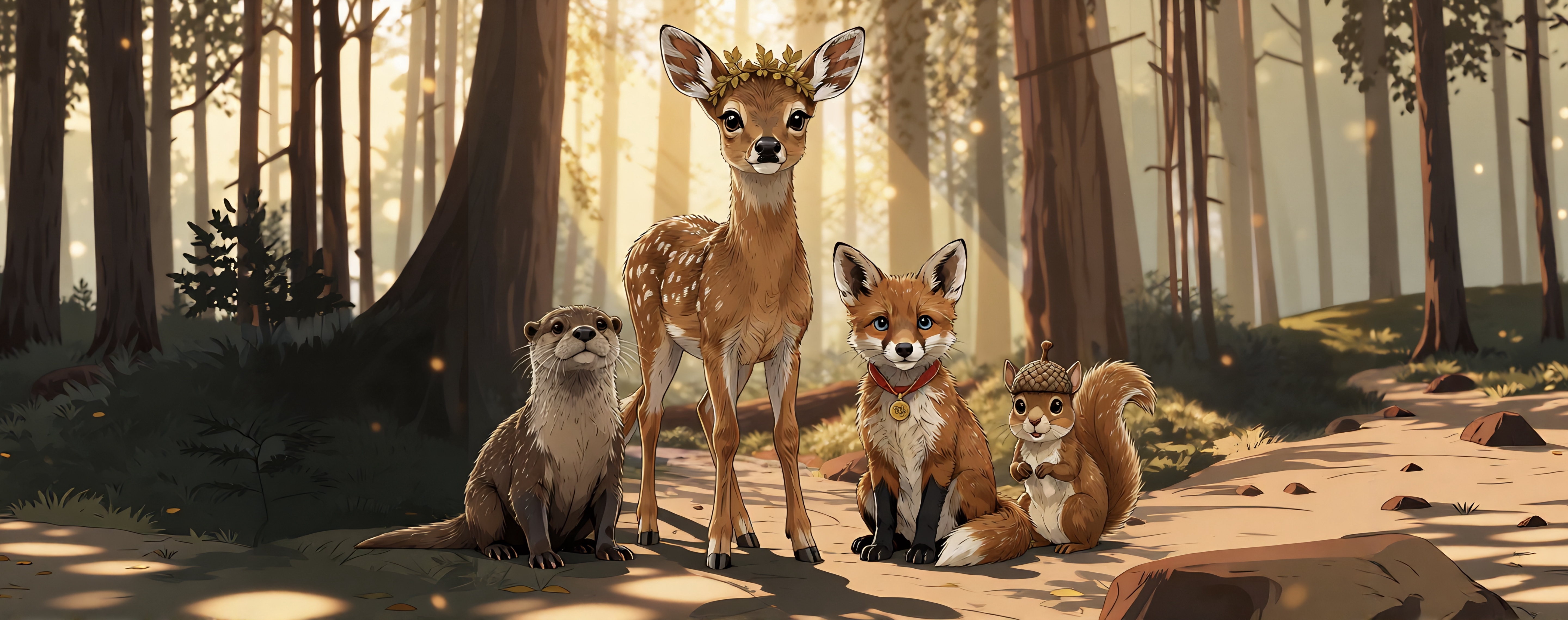Dart, Spirit, Nut and Mud together in the woodland